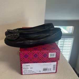 Tory Burch Flats Minnie Travel Ballet Flat Black Leather ‎ logo Ballerina 5.5